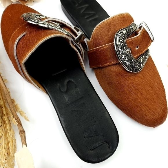 James Brown Calf Fur Slides Flats Sz 38 - Picture 5 of 10